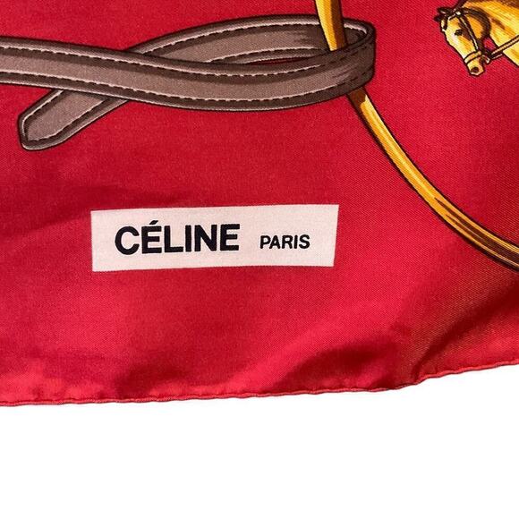CELINE Paris 100% Silk Scarf Equestrian Motif Vintage Red Gold - Picture 11 of 16